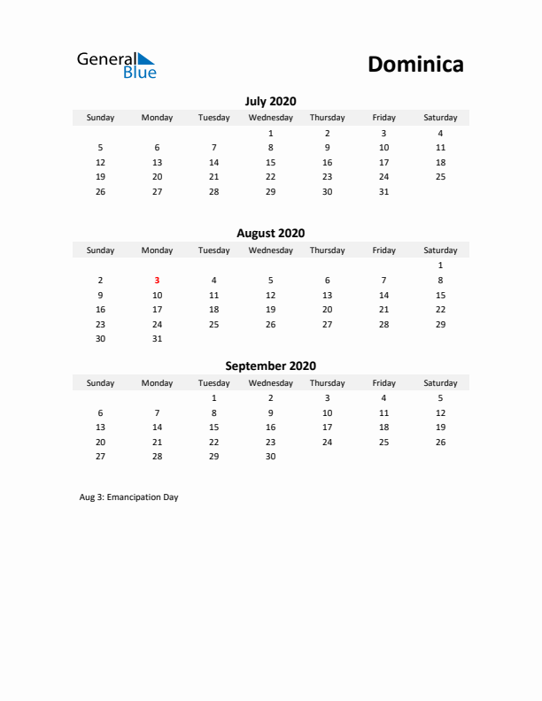 Printable Quarterly Calendar with Notes and Dominica Holidays- Q3 of 2020