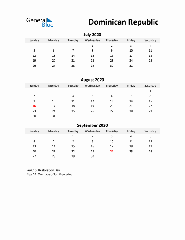 Printable Quarterly Calendar with Notes and Dominican Republic Holidays- Q3 of 2020