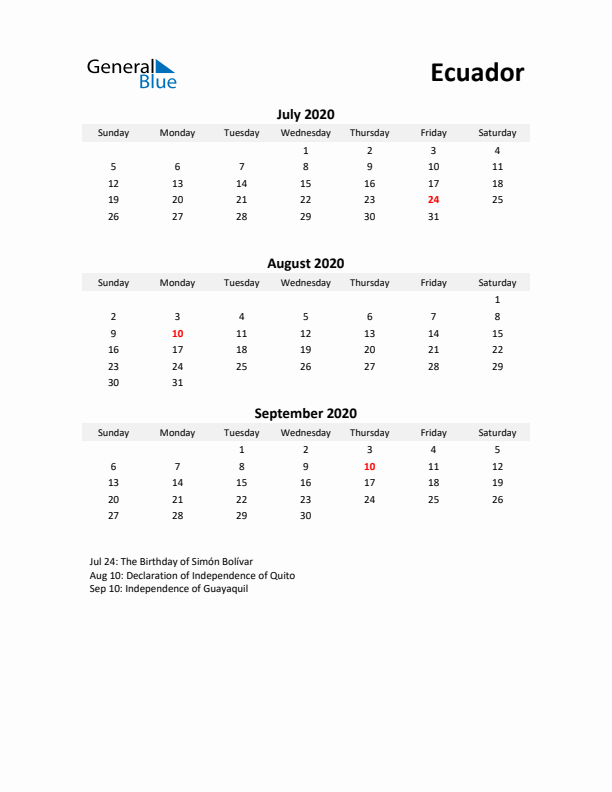 Printable Quarterly Calendar with Notes and Ecuador Holidays- Q3 of 2020