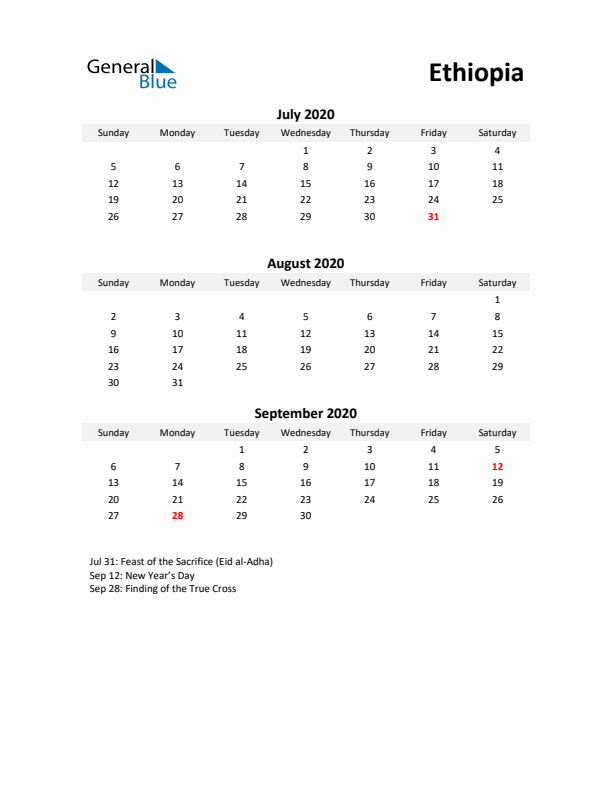 Printable Quarterly Calendar with Notes and Ethiopia Holidays- Q3 of 2020