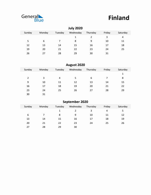 Printable Quarterly Calendar with Notes and Finland Holidays- Q3 of 2020