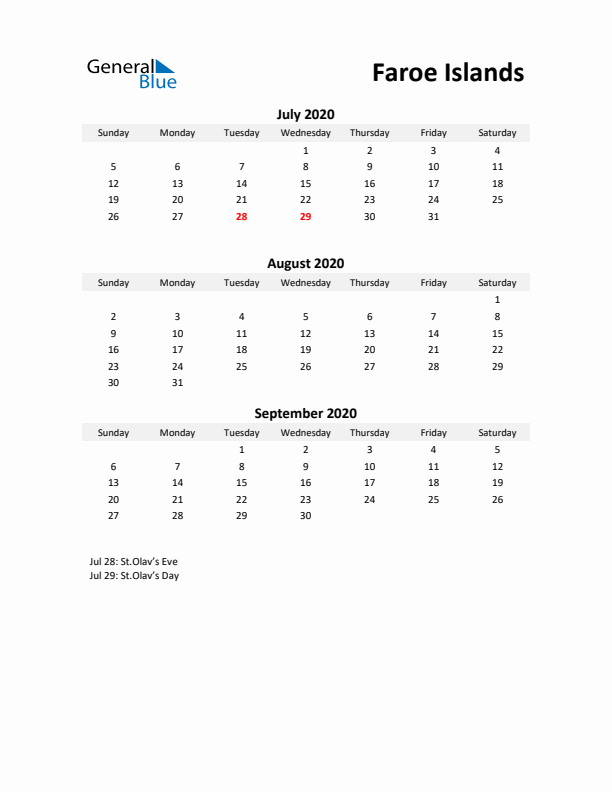 Printable Quarterly Calendar with Notes and Faroe Islands Holidays- Q3 of 2020