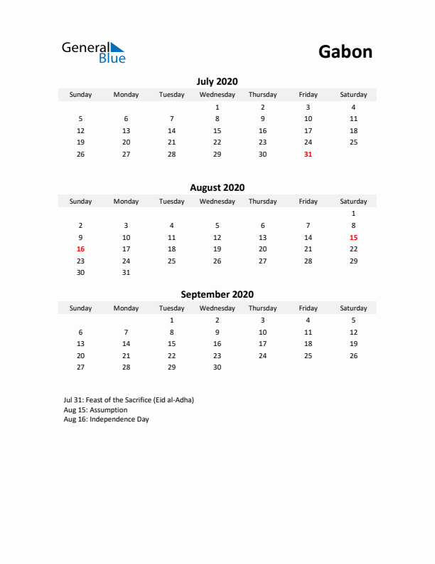 Printable Quarterly Calendar with Notes and Gabon Holidays- Q3 of 2020