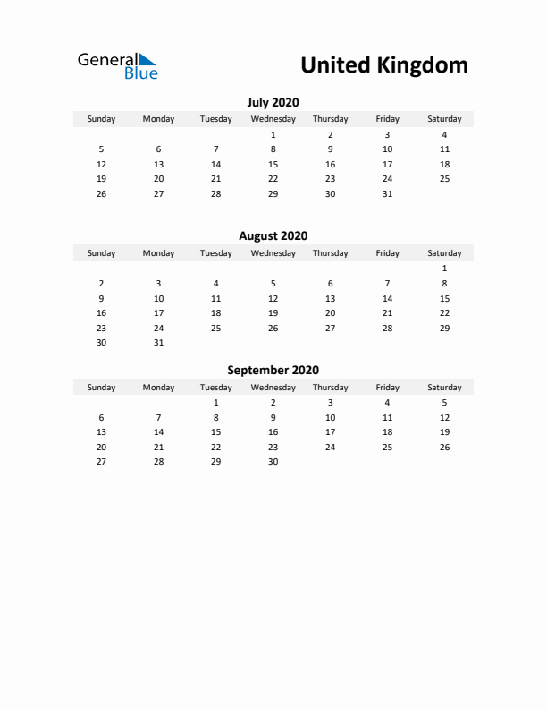 Printable Quarterly Calendar with Notes and United Kingdom Holidays- Q3 of 2020