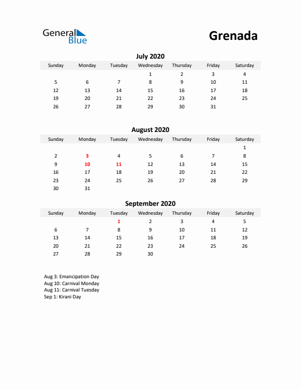 Printable Quarterly Calendar with Notes and Grenada Holidays- Q3 of 2020