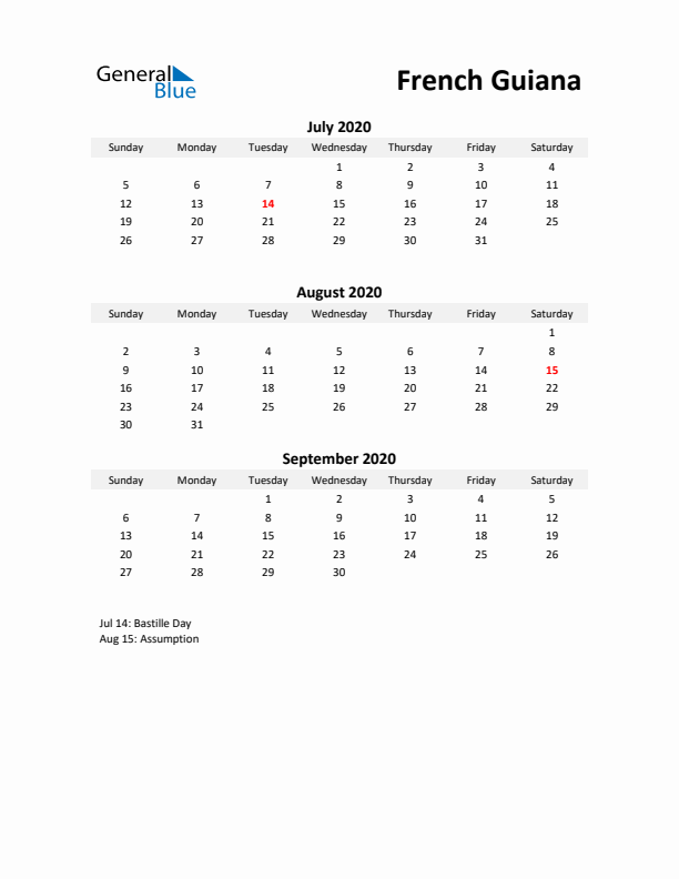 Printable Quarterly Calendar with Notes and French Guiana Holidays- Q3 of 2020