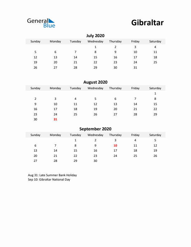 Printable Quarterly Calendar with Notes and Gibraltar Holidays- Q3 of 2020