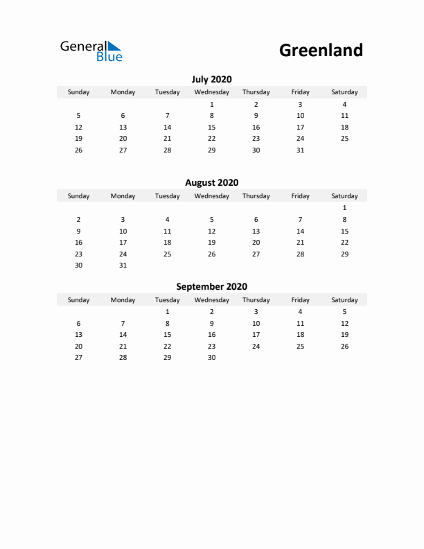 Printable Quarterly Calendar with Notes and Greenland Holidays- Q3 of 2020