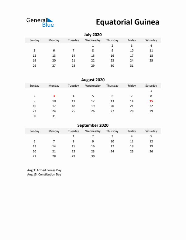 Printable Quarterly Calendar with Notes and Equatorial Guinea Holidays- Q3 of 2020