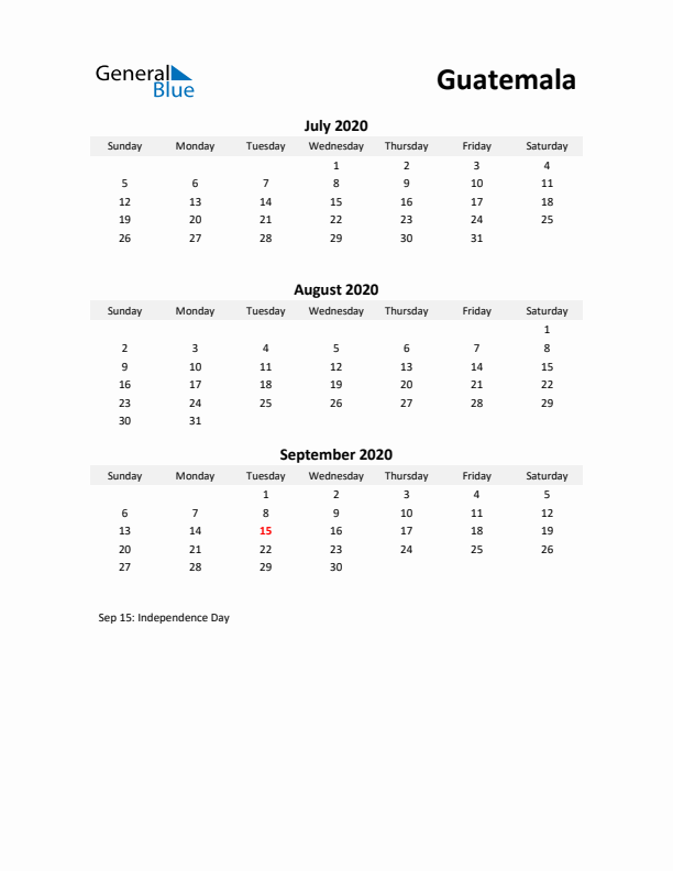 Printable Quarterly Calendar with Notes and Guatemala Holidays- Q3 of 2020