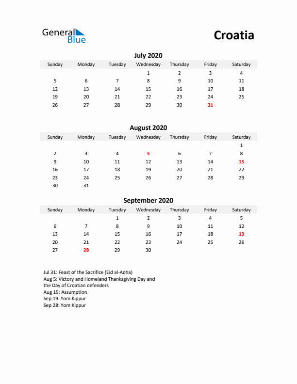 Printable Quarterly Calendar with Notes and Croatia Holidays- Q3 of 2020