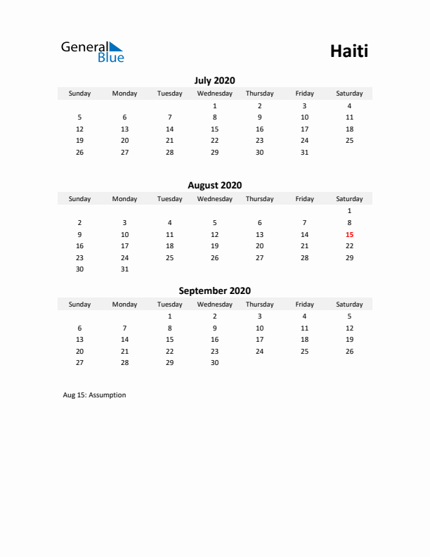 Printable Quarterly Calendar with Notes and Haiti Holidays- Q3 of 2020