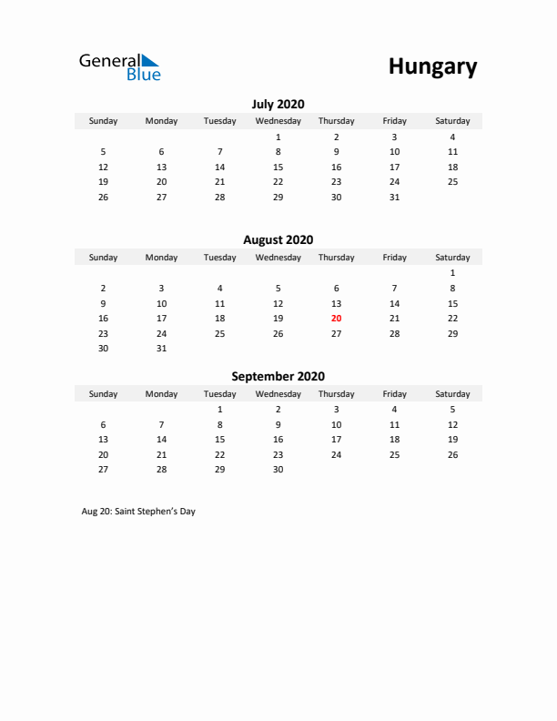 Printable Quarterly Calendar with Notes and Hungary Holidays- Q3 of 2020