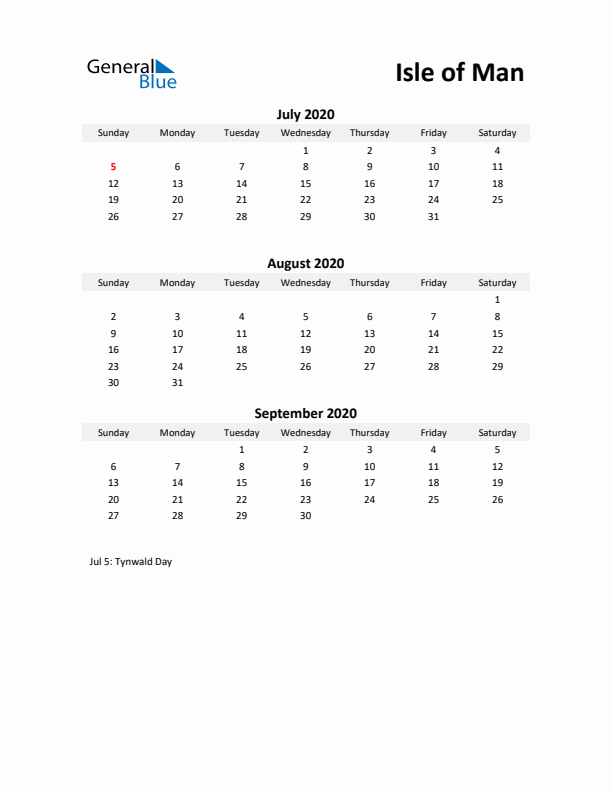 Printable Quarterly Calendar with Notes and Isle of Man Holidays- Q3 of 2020