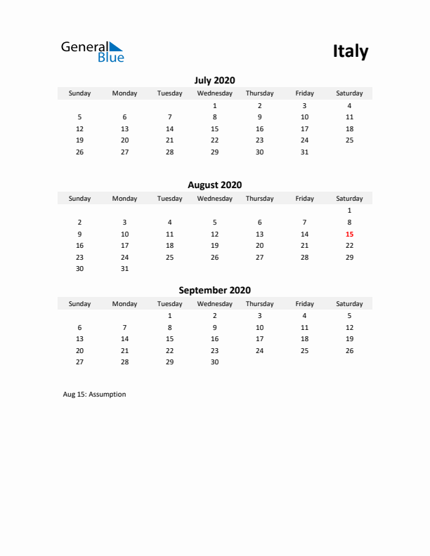 Printable Quarterly Calendar with Notes and Italy Holidays- Q3 of 2020