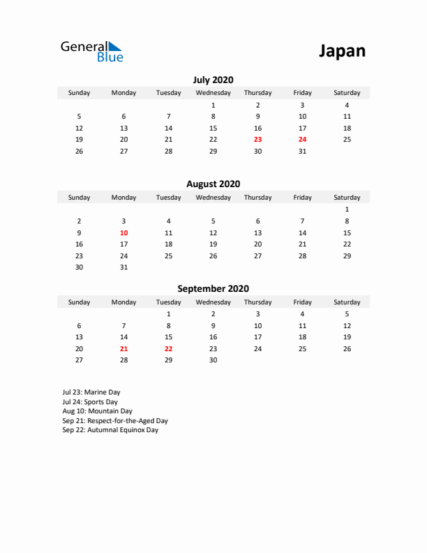 Printable Quarterly Calendar with Notes and Japan Holidays- Q3 of 2020