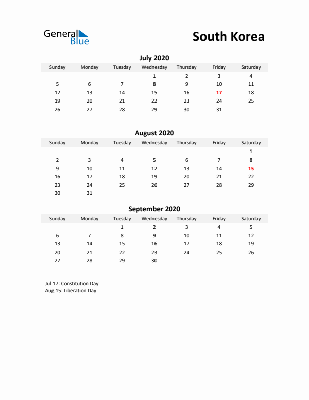 Printable Quarterly Calendar with Notes and South Korea Holidays- Q3 of 2020