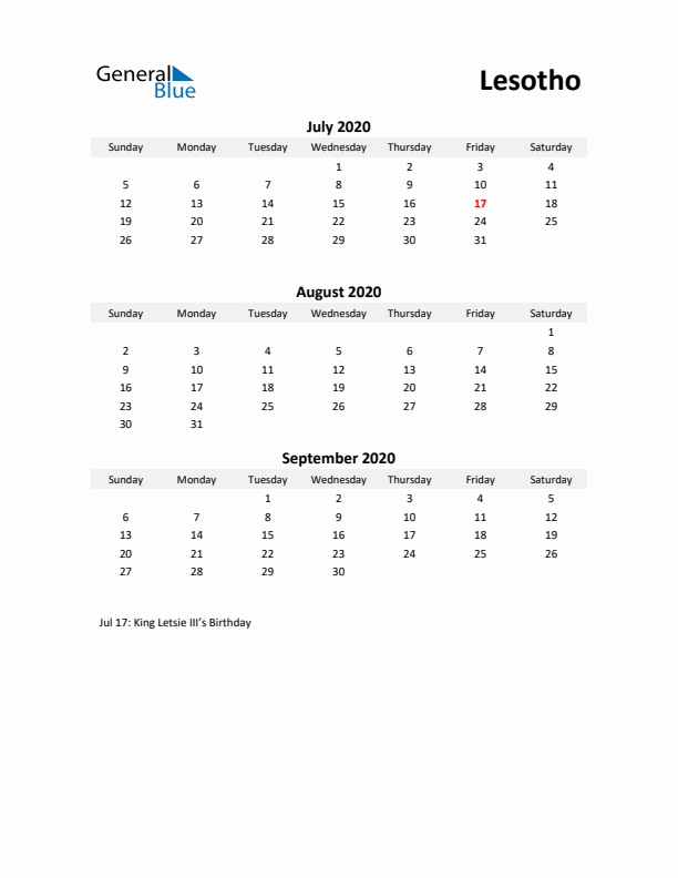 Printable Quarterly Calendar with Notes and Lesotho Holidays- Q3 of 2020