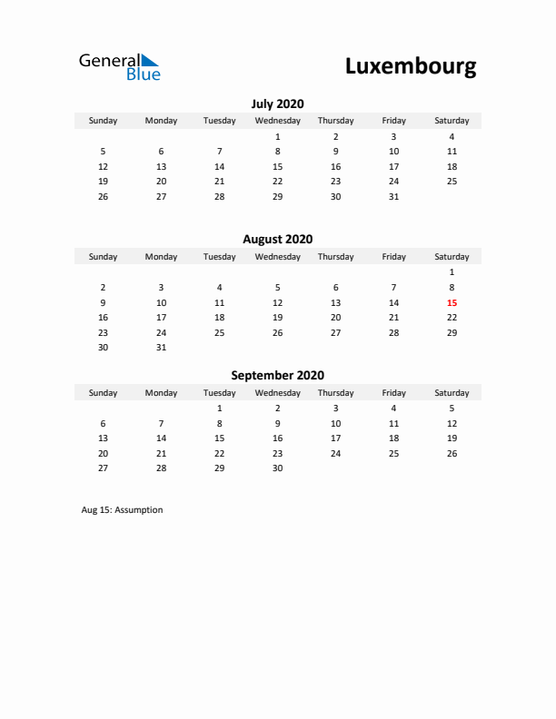 Printable Quarterly Calendar with Notes and Luxembourg Holidays- Q3 of 2020