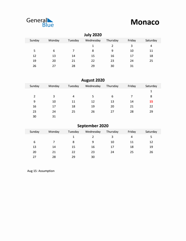 Printable Quarterly Calendar with Notes and Monaco Holidays- Q3 of 2020