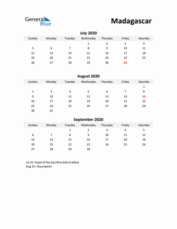 Printable Quarterly Calendar with Notes and Madagascar Holidays- Q3 of 2020