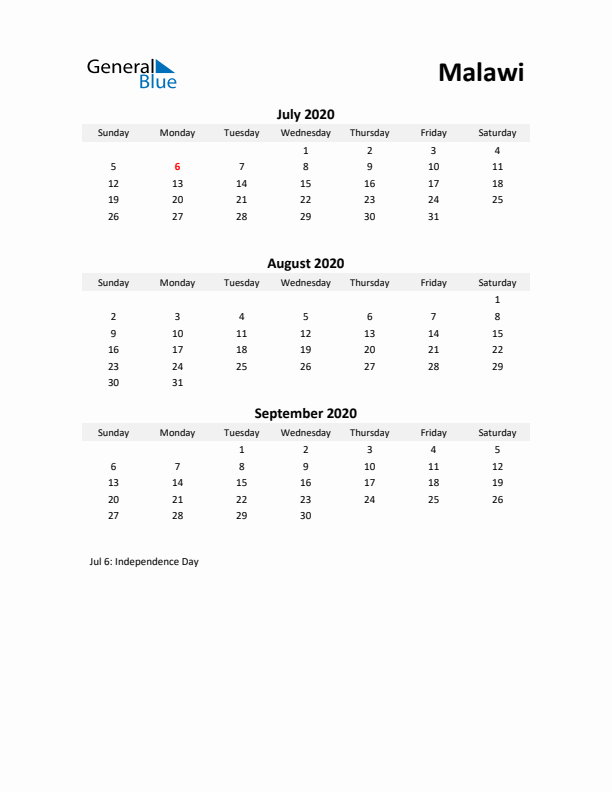 Printable Quarterly Calendar with Notes and Malawi Holidays- Q3 of 2020