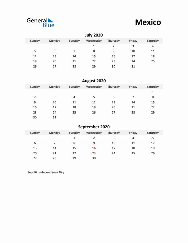 Printable Quarterly Calendar with Notes and Mexico Holidays- Q3 of 2020