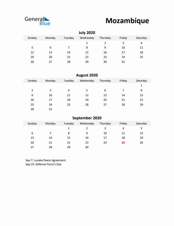 Printable Quarterly Calendar with Notes and Mozambique Holidays- Q3 of 2020