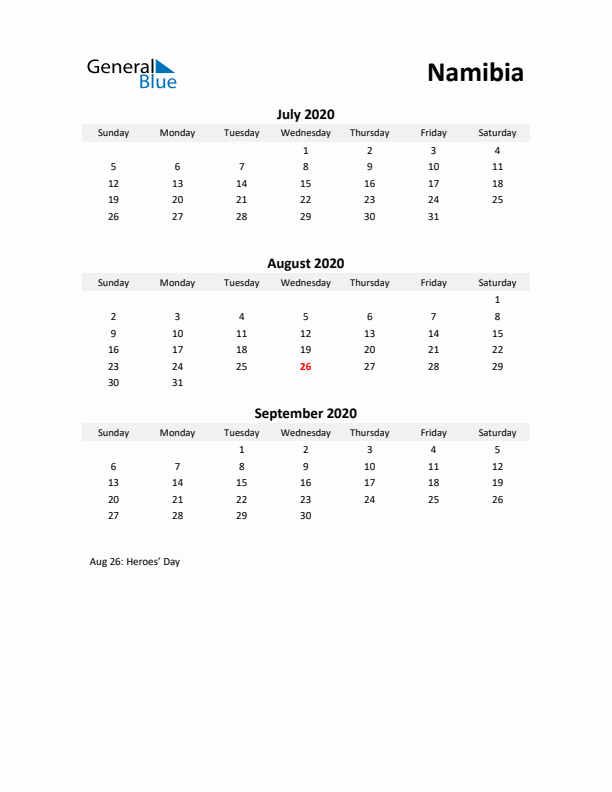 Printable Quarterly Calendar with Notes and Namibia Holidays- Q3 of 2020