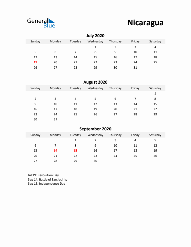 Printable Quarterly Calendar with Notes and Nicaragua Holidays- Q3 of 2020