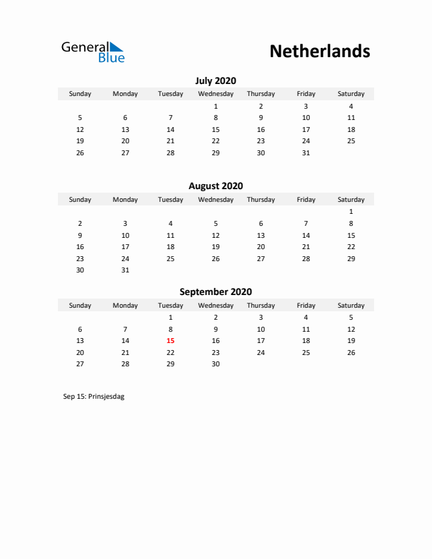 Printable Quarterly Calendar with Notes and The Netherlands Holidays- Q3 of 2020