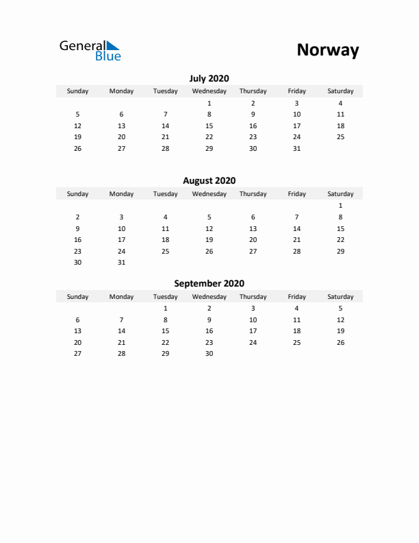 Printable Quarterly Calendar with Notes and Norway Holidays- Q3 of 2020