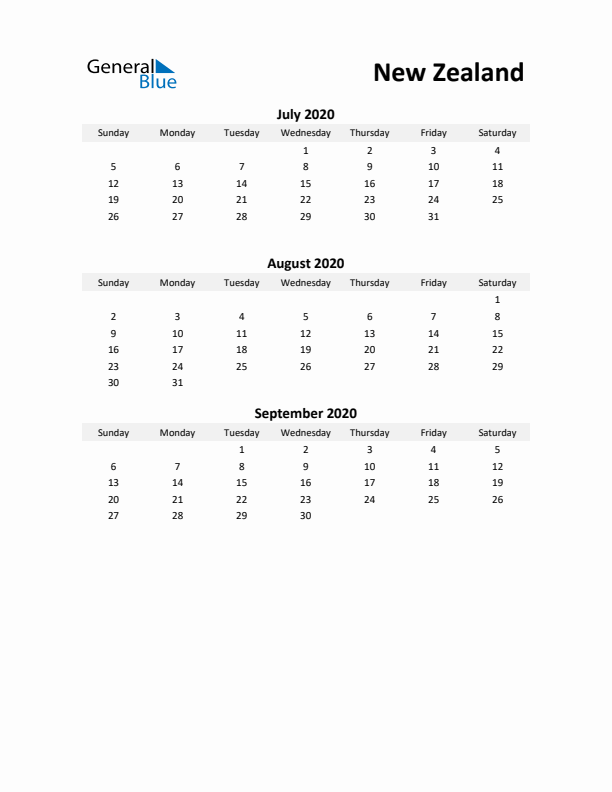 Printable Quarterly Calendar with Notes and New Zealand Holidays- Q3 of 2020