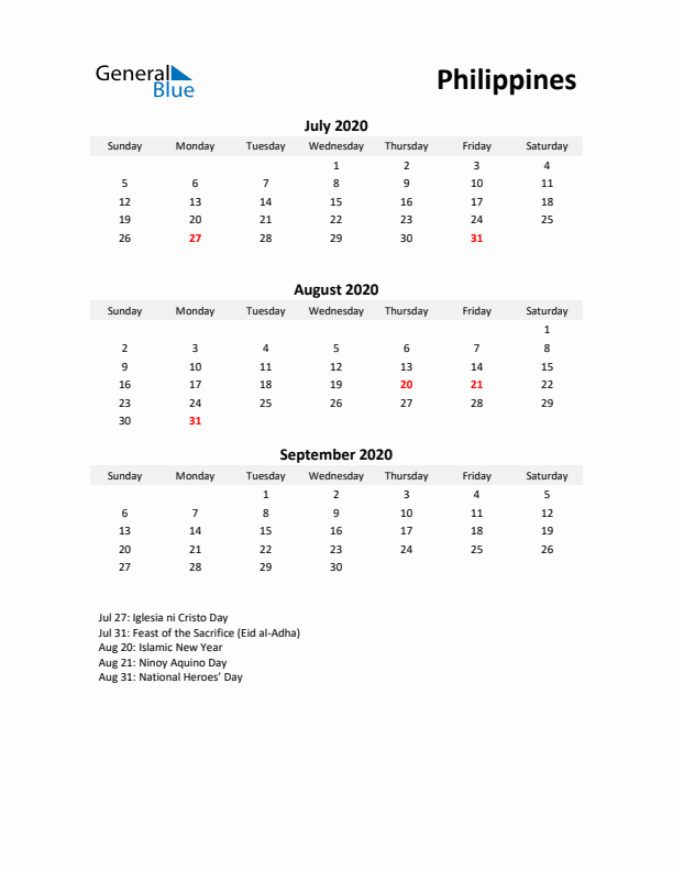 Printable Quarterly Calendar with Notes and Philippines Holidays- Q3 of 2020