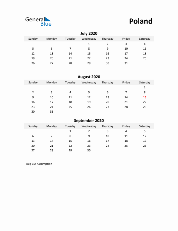 Printable Quarterly Calendar with Notes and Poland Holidays- Q3 of 2020