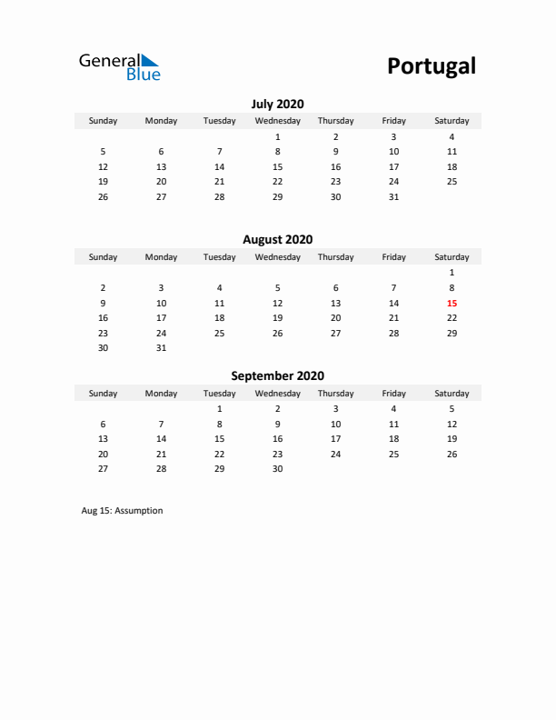 Printable Quarterly Calendar with Notes and Portugal Holidays- Q3 of 2020