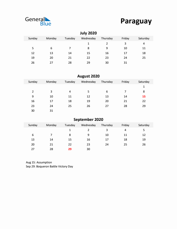 Printable Quarterly Calendar with Notes and Paraguay Holidays- Q3 of 2020