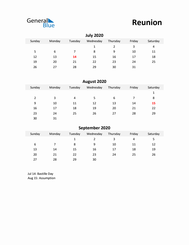 Printable Quarterly Calendar with Notes and Reunion Holidays- Q3 of 2020