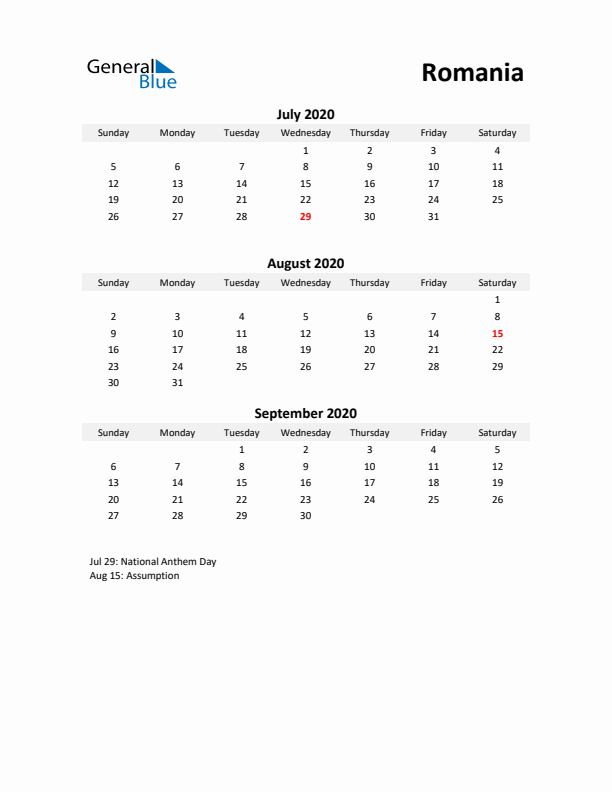 Printable Quarterly Calendar with Notes and Romania Holidays- Q3 of 2020