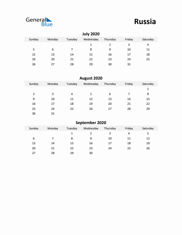 Printable Quarterly Calendar with Notes and Russia Holidays- Q3 of 2020