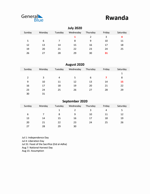 Printable Quarterly Calendar with Notes and Rwanda Holidays- Q3 of 2020