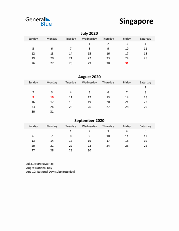 Printable Quarterly Calendar with Notes and Singapore Holidays- Q3 of 2020