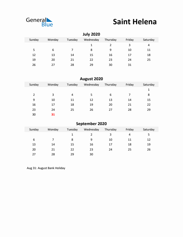 Printable Quarterly Calendar with Notes and Saint Helena Holidays- Q3 of 2020