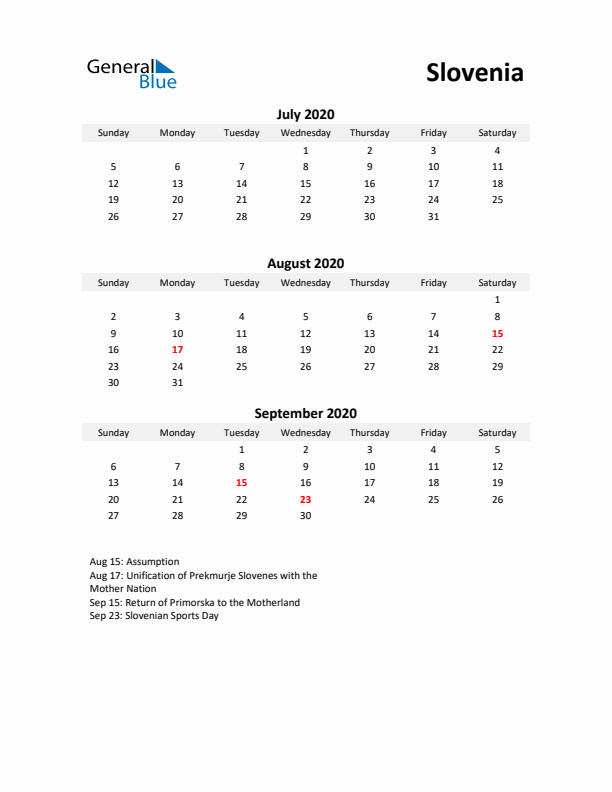 Printable Quarterly Calendar with Notes and Slovenia Holidays- Q3 of 2020