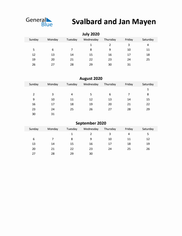 Printable Quarterly Calendar with Notes and Svalbard and Jan Mayen Holidays- Q3 of 2020