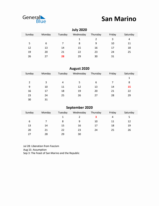 Printable Quarterly Calendar with Notes and San Marino Holidays- Q3 of 2020