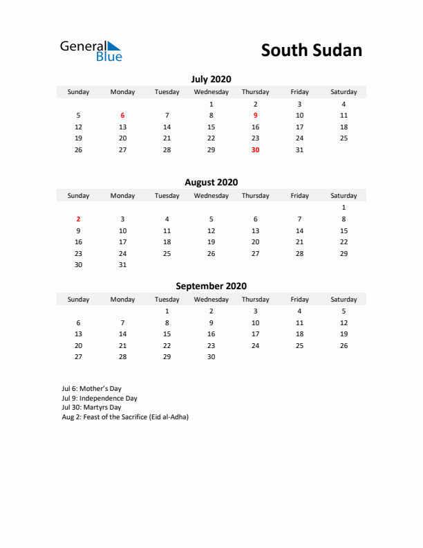 Printable Quarterly Calendar with Notes and South Sudan Holidays- Q3 of 2020