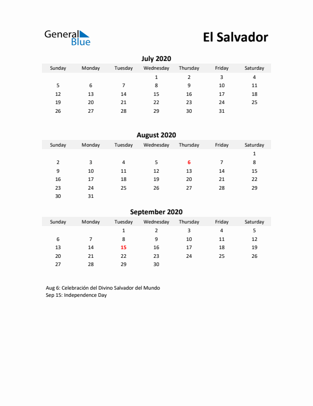 Printable Quarterly Calendar with Notes and El Salvador Holidays- Q3 of 2020