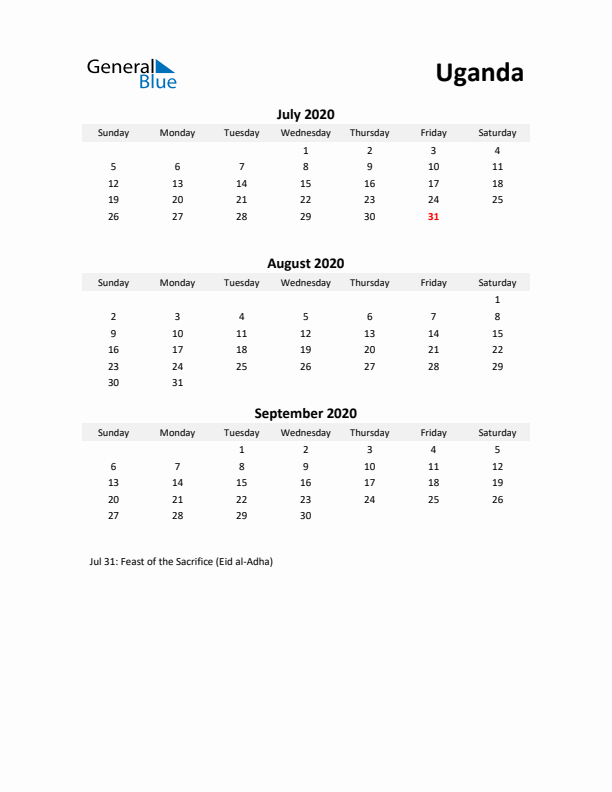 Printable Quarterly Calendar with Notes and Uganda Holidays- Q3 of 2020