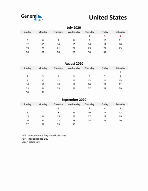 Printable Quarterly Calendar with Notes and United States Holidays- Q3 of 2020